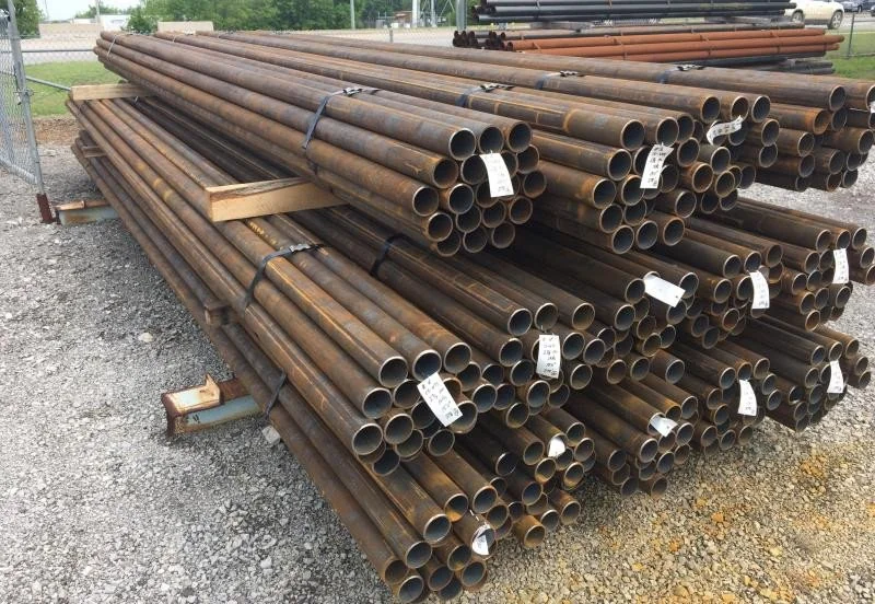 Steel pipe stacked in a supply yard